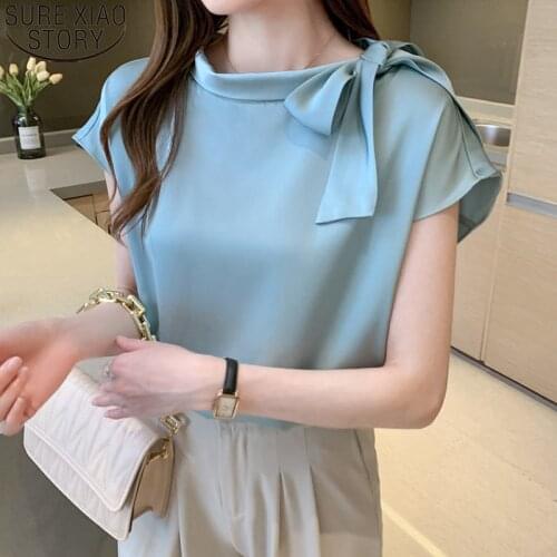 Female Clothing 2021 Summer Short Sleeve Silk Satin Blouse Casual Plus Size Women O Neck Bow Women Shirts Tops Blusas 14342