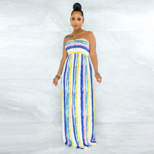 Off The Shoulder Strapless Bohemian Long Dress Women Sleeveless Striped Print Beach Dresses Summer High Waist Holiday Vestido