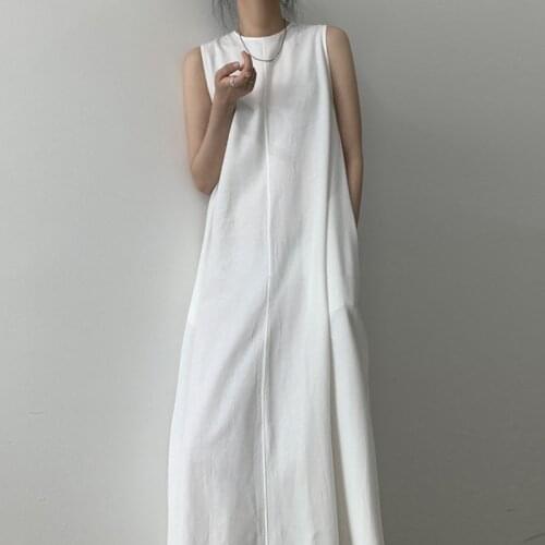 Womens Spring Summer Fashion Designer Sleeveless Brief White Long Cotton Linen Dress Female Chic Casual Loose Dress TB700