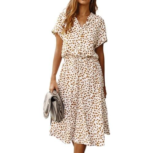 Fashion Women Dresses Summer Boho Dot Print High Waist Shirt Dress Casual Holiday Beach Short Sleeved Female Midi Dress 2021 New