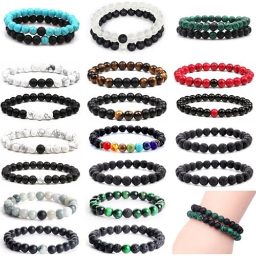 2pcs 8mm Couples Distance Yoga Bracelet Bangles Lava Natural Stone 7 Chakra Beaded Tiger Eye Bracelets Men Women Prayer Jewelry