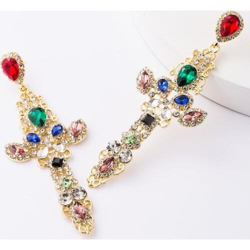 2020 Luxury Glass Crystal Cross Earrings Women Boho Ethnic Big Drop Earrings Female Indian Statement Long ZA Earrings Jewelry
