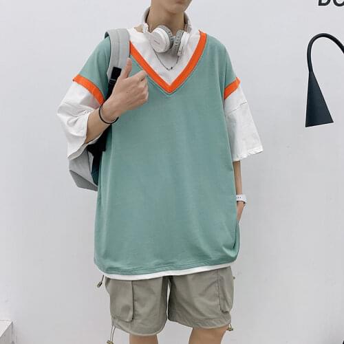 2021 Summer Mens Fashion Cotton Loose T Shirt Short Sleeve Splicing Color Tshirt Tops Streetwear Clothes T-shirt Size S-3XL