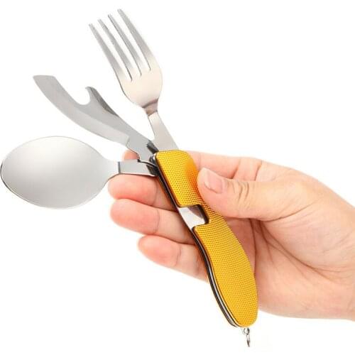 4 in 1 Outdoor Tableware (Fork/Spoon/Knife/Bottle Opener) Camping Stainless Steel Folding Pocket Kits for Hiking Survival Travel