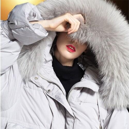 White Duck Down Jacket 2020Autumn And Winter Womens Long Casual Rabbit Fur Hooded Down Jacket