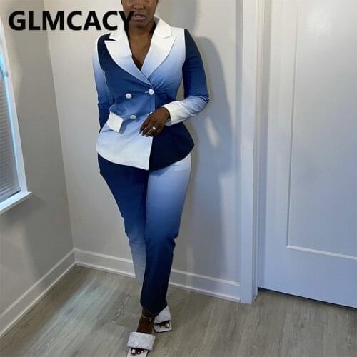 2 Pieces Blazer Sets Women Gardient Color Notched Lapel Collar Top & Pants