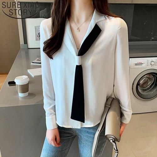 Fashion Chiffon Long Sleeve V-Neck Womens Tops and Blouses 2021 Ladies TopsSolid White Shirt for Women Tops Blouse Bow 6230 50
