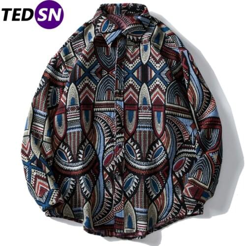 Harajuku National Style Geometry Knitted Shirt Mens Retro Ethnic Embroidery Long Sleeve Shirts Hip Hop Streetwear Button Shirt