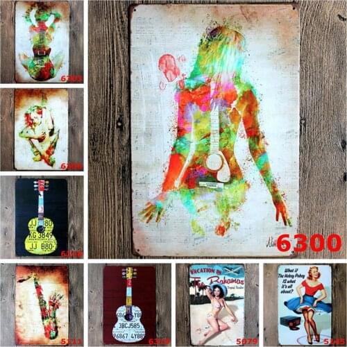 Colorful Abstract Art Guitar Girl Wall Poster Metal Vintage Signs Saxophone Beach for Home Bar Art Wall Personalized Decoration