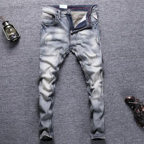 Newly Vintage Fashion Men Jeans Retro Distressed Elastic Slim Fit Ripped Jeans Men Casual Designer Stretch Cotton Denim Pants
