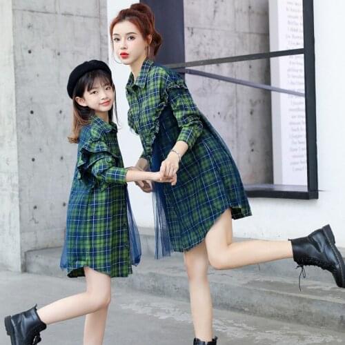 Autumn Mommy and Me Green Blouse Plaid Dresses Family Matching Outfits Mother Daughter Long Sleeve Dress Girl Fashion Clothes