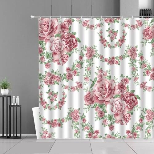 Pink Rose Flower Shower Curtains Spring Plant Floral Green Leaves Butterfly Bird Waterproof Bathroom Curtain European Home Decor