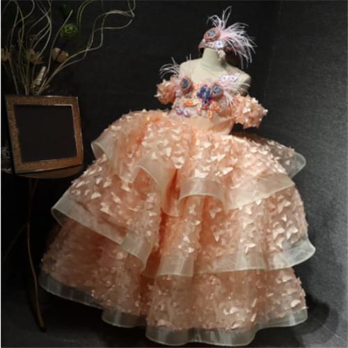 High Quality 100% Real Flower Girl Dress Long Sheer Neck Tiered Handmade Butterfies Kids Clothes Children Birthday Dress 1-14Y