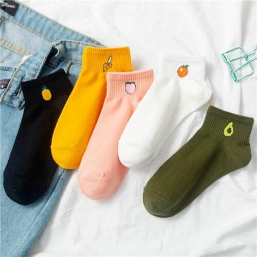 Womens Short Socks 2021 Spring Summer Autumn Embroidery Fruit Cotton Boat Socks Pure Color Avocado Womens Sock 5pcs Casual