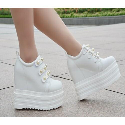 2019 Women High Platform Shoes Autumn Breathable Leather Casual Shoes Height Increasing Shoes 13 CM Thick Sole Ladies Sneakers