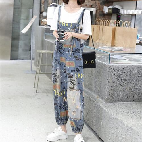 Women Graffiti Print Denim Jumpsuits Overalls New Loose Patchwork Pocket Jean Pants Female Casual Rompers Plus Size