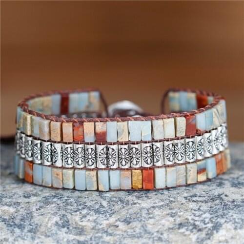 Handmade Turquoise Antique Silver Iris Weaving Beads Wrap Bracelet Wristband Gemstone Cuff Jewelry Gifts for Women Dropshipping