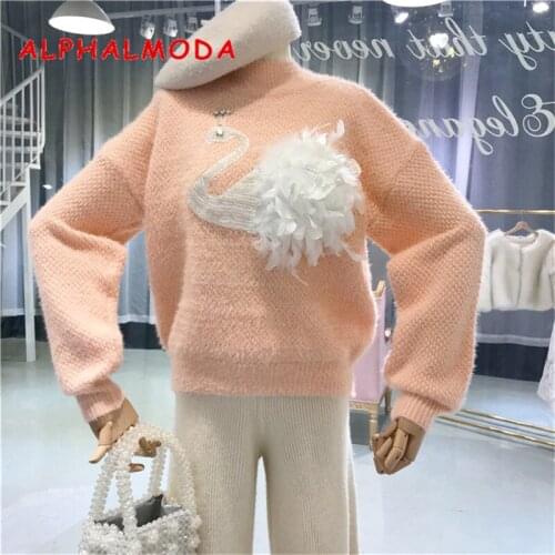 ALPHALMODA 2019 Spring Ladies Lazy Breeze Loose Swan Feather Faux Mink Cashmere Sweater Sweet Ladies Knitted Outfit Jumpers