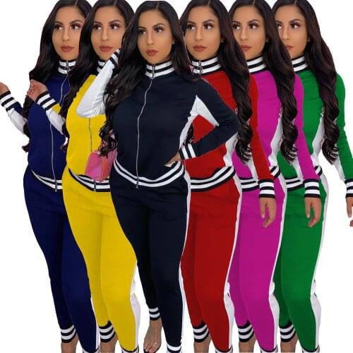 Striped Patchwork Womens Sport Suit Turtleneck Long Sleeve Zipper Jacket Top and Jogger Sweatpant Jogging Suit 2 Piece Outfits