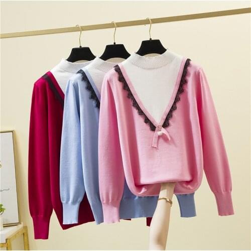 Sweater Femme Beading Lace Splice Pullover Women Knitted Long Sleeve Woman Sweater 2021 Fall Winter Tops Fashion Womens Clothes