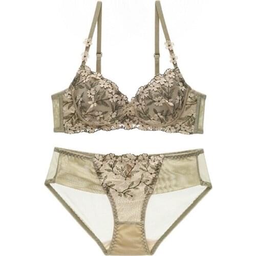Womens French Lingerie Womens Small Chest Gathering Up Adjustable Bra Embroidery Floral Lace Bra Set Push Up Bra and Panty