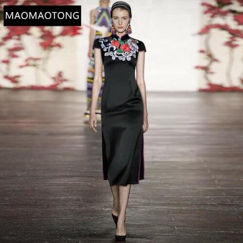 Womens Clothing Fashion Designer Dress Summer Womens Dress Stand Collar Floral Embroidery Package buttocks Split Dresses