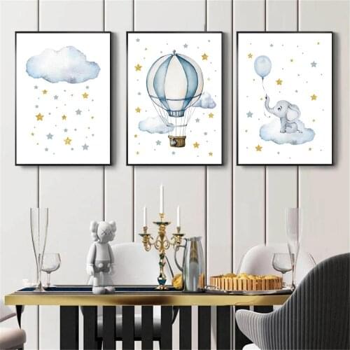 Abstract Elephant Blue Balloon Wall Art Poster Star Cloud Art Print Hot Air Balloon Canvas Painting Nordic Baby Kids Room Decor