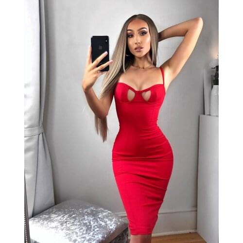 AHVIT Sexy Red Color Fashion Sheath Women Dress Sleeveless Spaghetti Strap Front Hollow Out Nightclub Party Dress LS6101