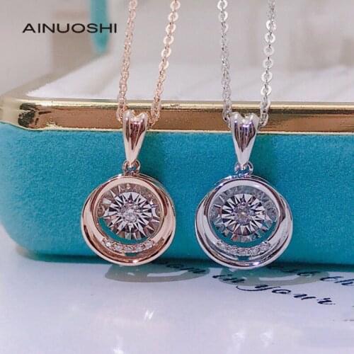 AINUOSHI 18K Gold 0.05ct Real Diamond Round Halo Dancing Pendant Necklace Promise Anniversary Jewelry Gift For Women 18