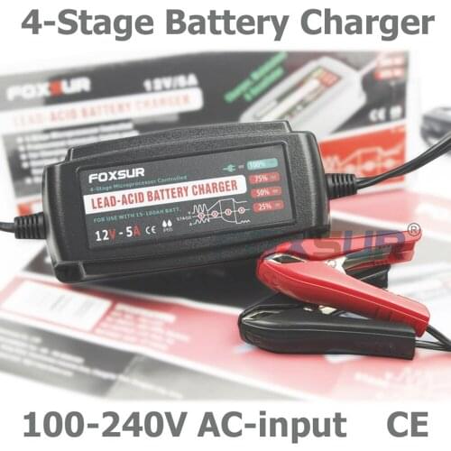 FOXSUR 12V 5A Automatic Smart Battery Charger, Maintainer & Desulfator for Lead Acid Batteries, Car Battery Charger 100-240V In