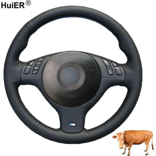 HuiER Hand Sewing Car Steering Wheel Cover Volant Top Layer Cow Leather For BMW E46 E39 330i 540i 525i 530i 330Ci M3 2001-2003