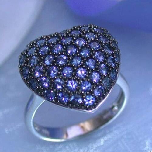 Delicate Love Heart Shaped Micro Pave Blue Crystal Ring For Women Charming Promise Engagement Luxury Jewelry Rings Accessories