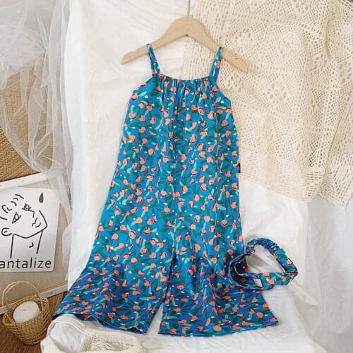 Girls suspenders jumpsuit 2021 summer new korean design kids overalls floral printed long style girl pants