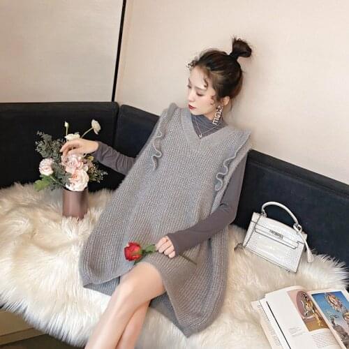 Solid Sweater Vest Womens Sweaters V-neck Knitted Mid-Length Sleeveless Spring Autumn Women Ruffles Chandails Pull Femme Y668