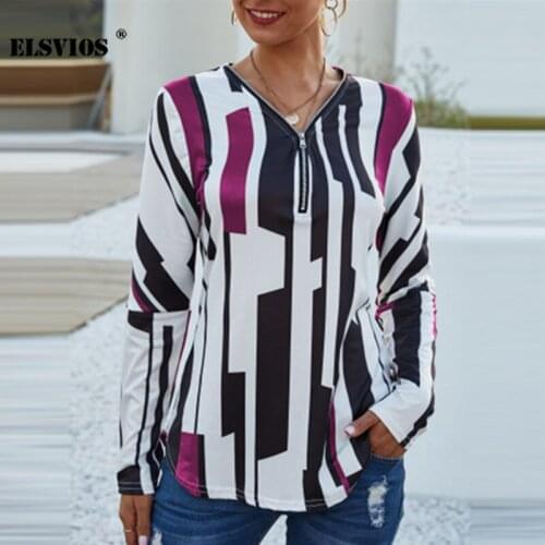 Autumn Winter Zipper V Neck Fashion Tie-dye Stripe Print Tops Loose Casual Long Sleeves Pullover T-shirts Elegant New Party Tops