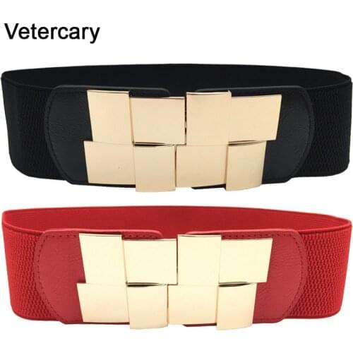 Fashion women wide Belt new design bright gold metal buckle women elastic waistband cintos female leather ultra black cummerbund