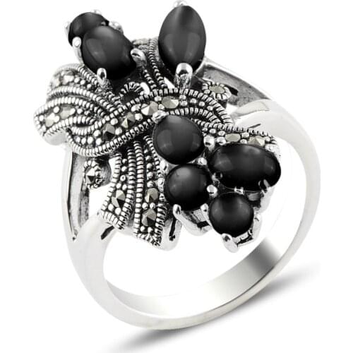 Silver 925 Sterling Onyx & Marcasite Ring