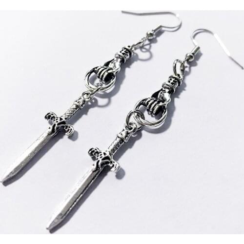 Tarot Earrings,Large Sword Earrings Silver Plated,Hand Earrings, Statement Earrings,Gothic Earrings,Medieval Witchy Earrings