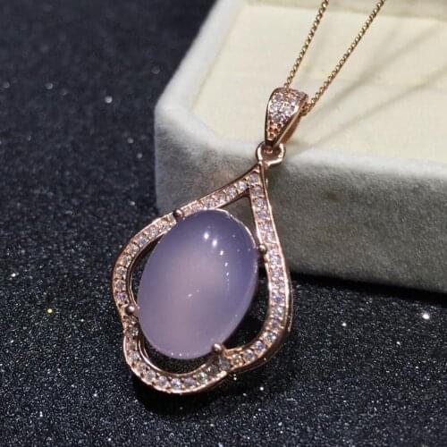 SHIQING 100% Nature chalcedony purple pink big gemstone 12*16mm 925 sterling silver pendant necklace for women