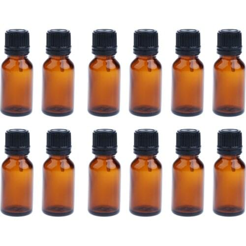 Glass Bottles for Essential Oils - 12 Pack Refillable Empty Amber Containers with Orifice Reducer Dropper