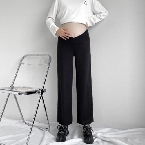 Spring and Autumn Womens Wide Leg Knitted Fashion Pregnant Womens Pants Outer Wear Long Pants Low-Waist Pants