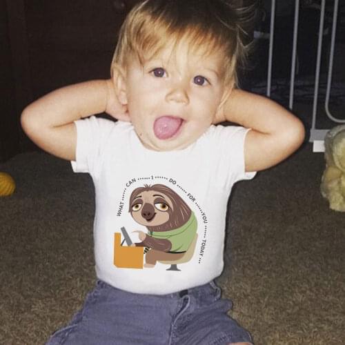 Funny Boys T Shirts Lazy Sloth Cute Work Play Girls Shirts O-neck Children Clothes Summer Baby White Tops Harajuku Kawaii Cozy