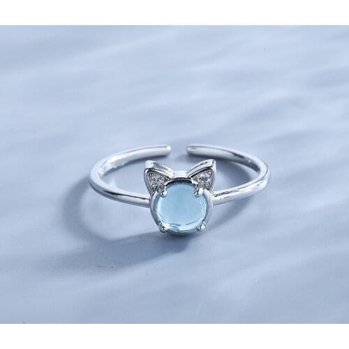 Blue Zircon Cat Womens Rings Adjustable Opening Sweet Cute Animal Creative Design Girl Female Best Friend Birthday Jewelry Gift