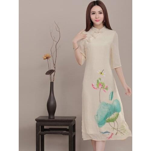 Dress Summer 2021 Retro Literary Sleeves A-line Skirt New Style Womens Dress Plain Linen Printed Womens Skirt