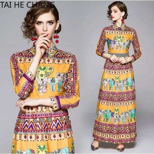 Women Dress New Fashion Retro Spring Summer Elegant Slim Bodycon Vintage Party Runway Print Shirt Office Work Maxi Dresses