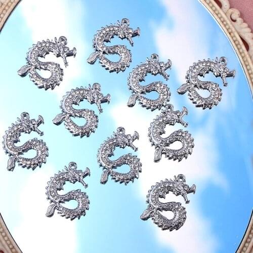 10Pcs 33*25mm Shiny Rhinestone Fly Dragon Charms Pendant Golden Silver Color Alloy Animal Charms For DIY Necklace Accessories