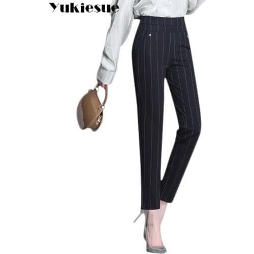 2020 New Style Woman Autumn Winter stirped Pencil Pants Elastic High Waist Plus Size Soft Slim Office Lady Trousers Good Quality