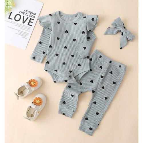 2021 Baby Girls Long Sleeve Ruffle Bodysuit Pants Headband Infant Onesie Outfit Toddler Winter Spring Clothes Set 3 Pcs