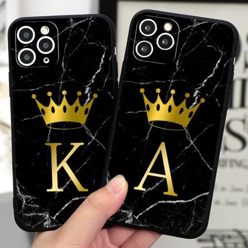 Black Marble Soft Phone Case For iphone SE 2020 11 Pro Max X 6 6s 7 7 Plus 8 8 plus XS Max XR Case Custom name Letter Gold crown