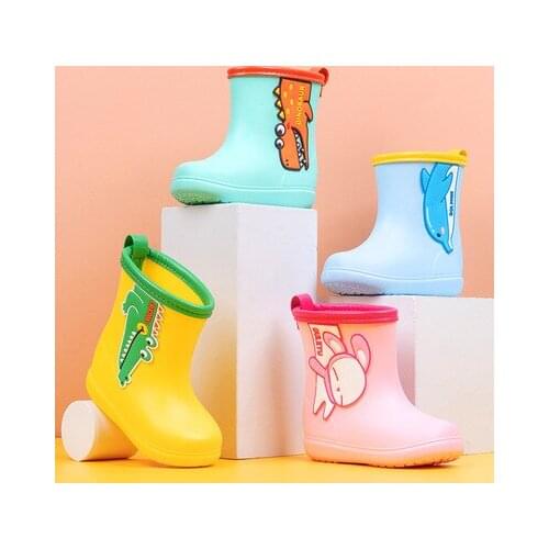 Children Rain Boots Jelly Color Cute Cartoon Animals Boys and Girls Baby Rain Boots Fleece Toddler Waterproof Ankle Rain Shoes